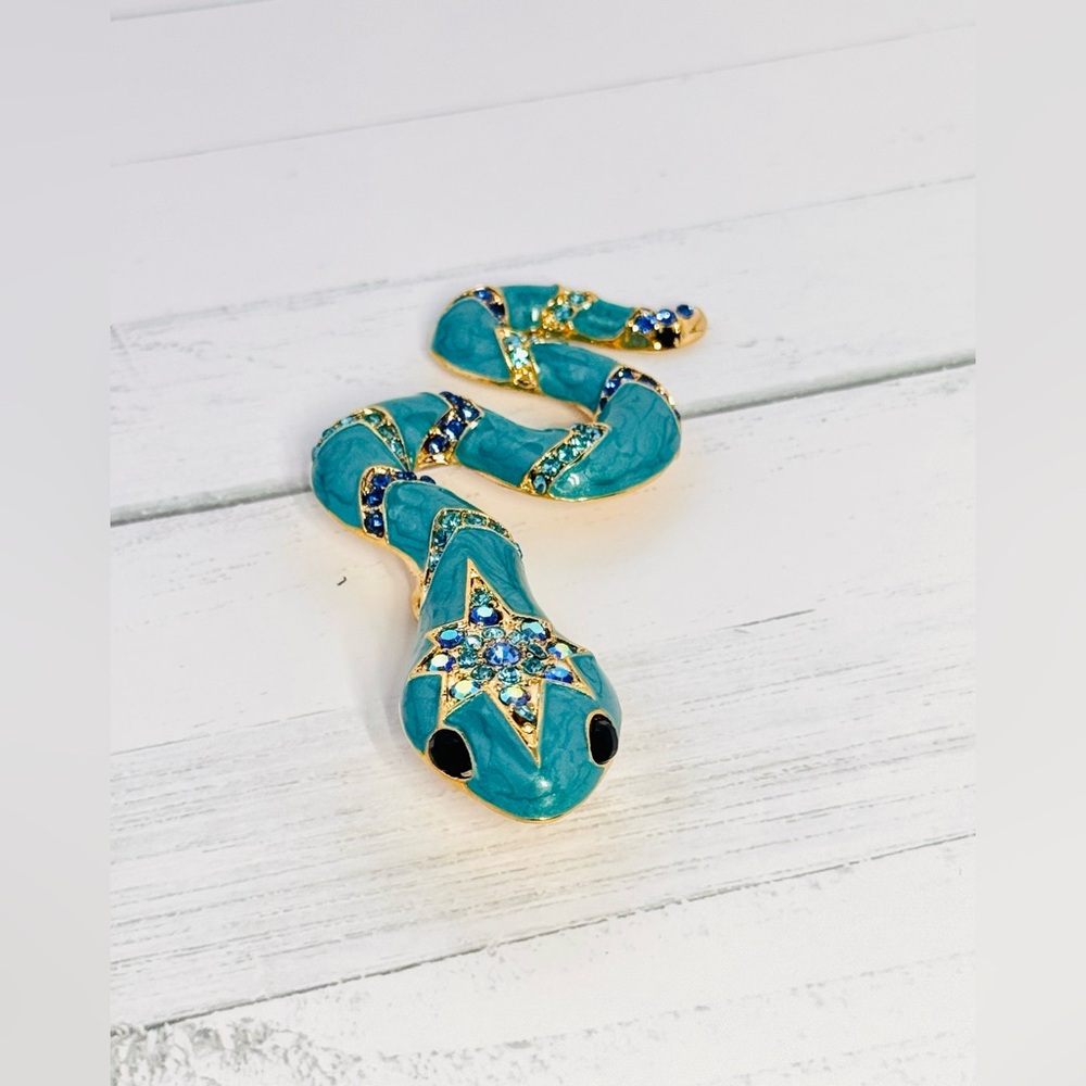 Large 3.75” Teal Green Blue Rhinestone Snake Brooch Excellent Condition - Picture 4 of 5